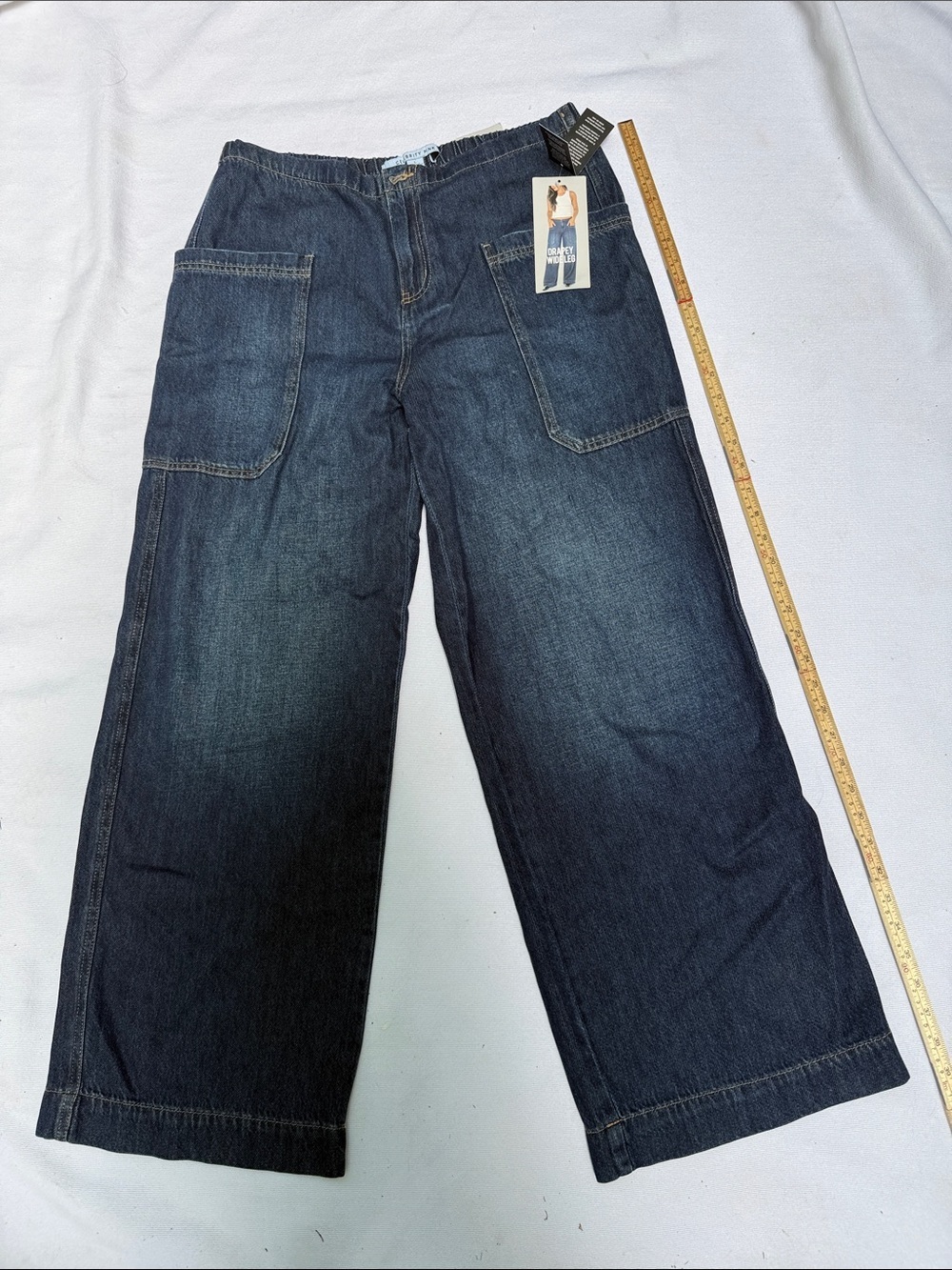 Celebrity Pink Drapey Wide Leg Jeans NWT L  Utility Patch Pocket Blue